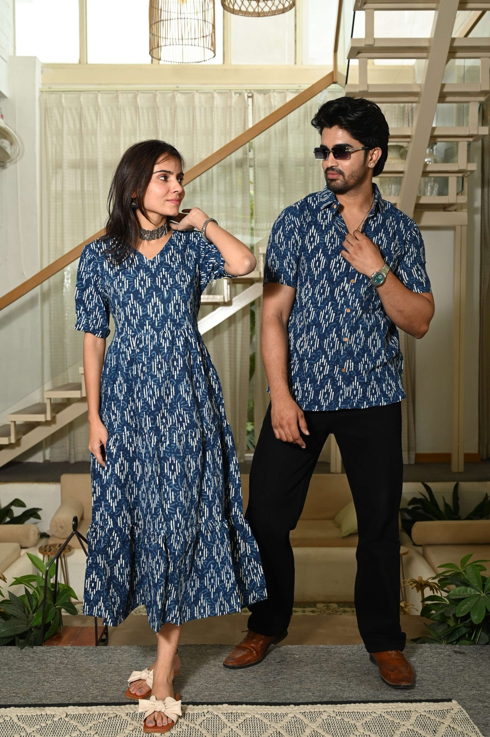 Couple Matching Blue Ikat Print Cotton Anarkali Midi Dress and Shirt Set - Image 4